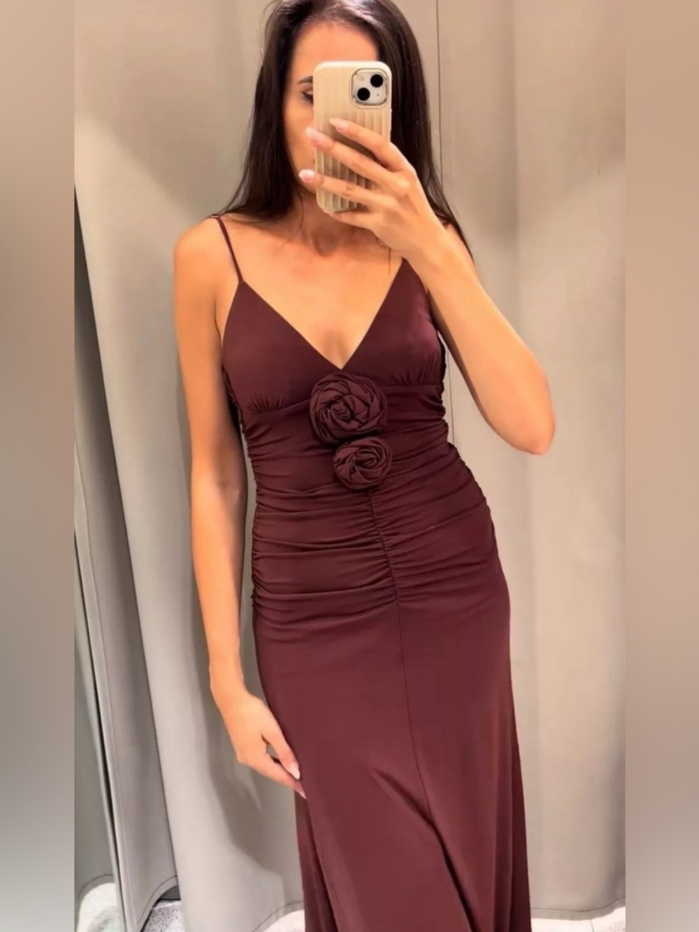 Zara Floral Appliqué Ruched Midi Dress Aubergine- Burgundy Brown- NWOT- Large